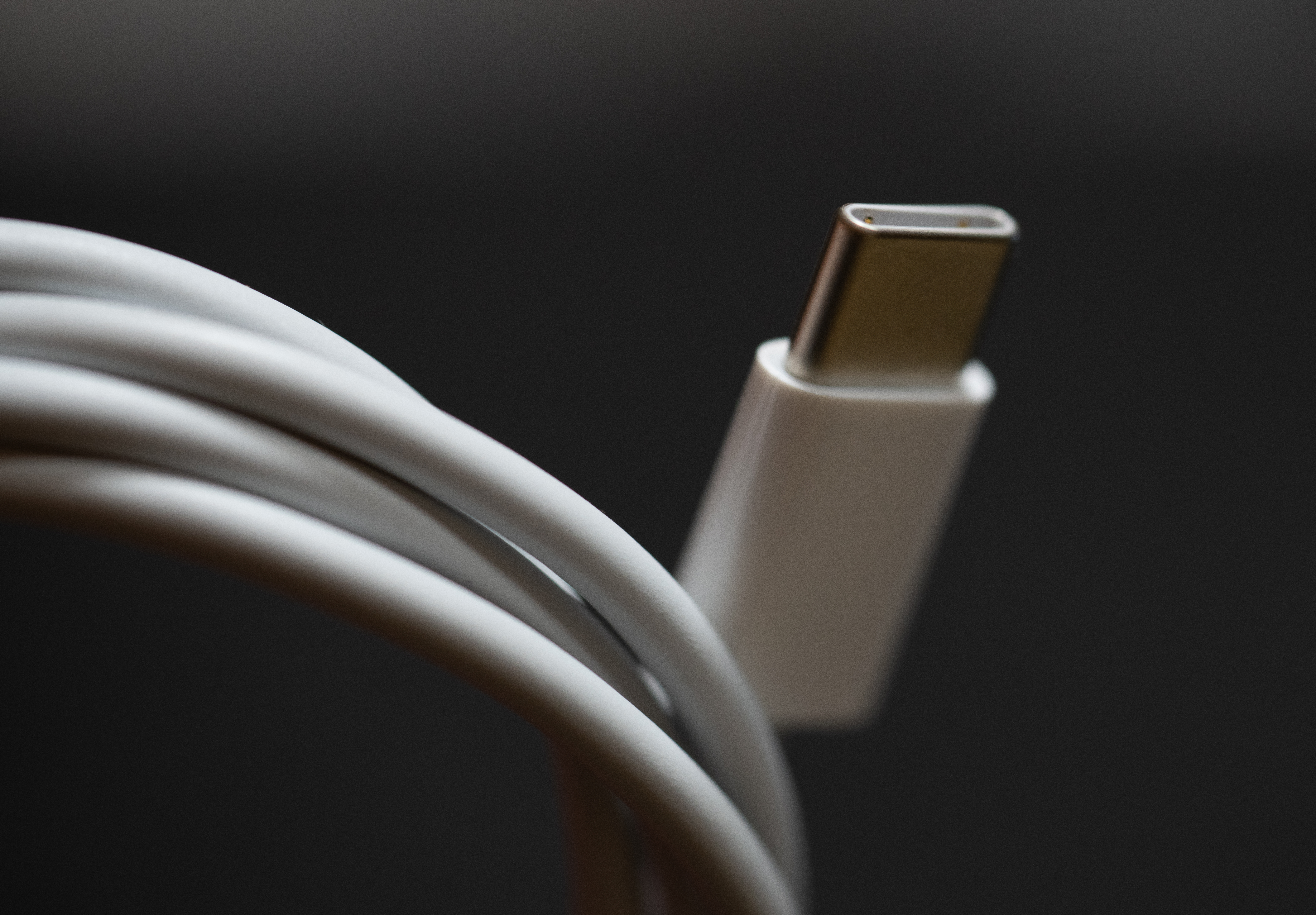 Close-up of a USB-C plug on a white cable